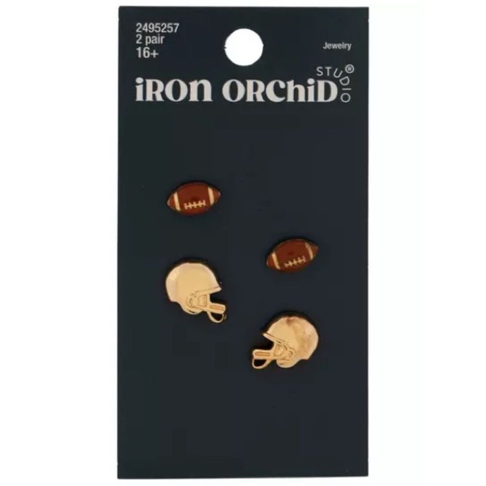 New Iron Orchid Studio Football & Helmet Stud Earring Set - Gold & Brown